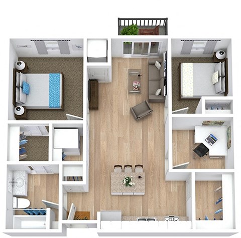 Floor plan for 2 beds, 1 bath, 1017 sqft